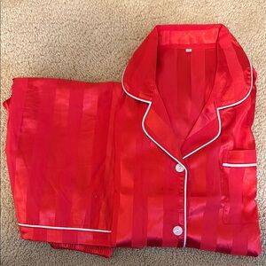 SHEIN Red Satin Pajama Set with White Trim